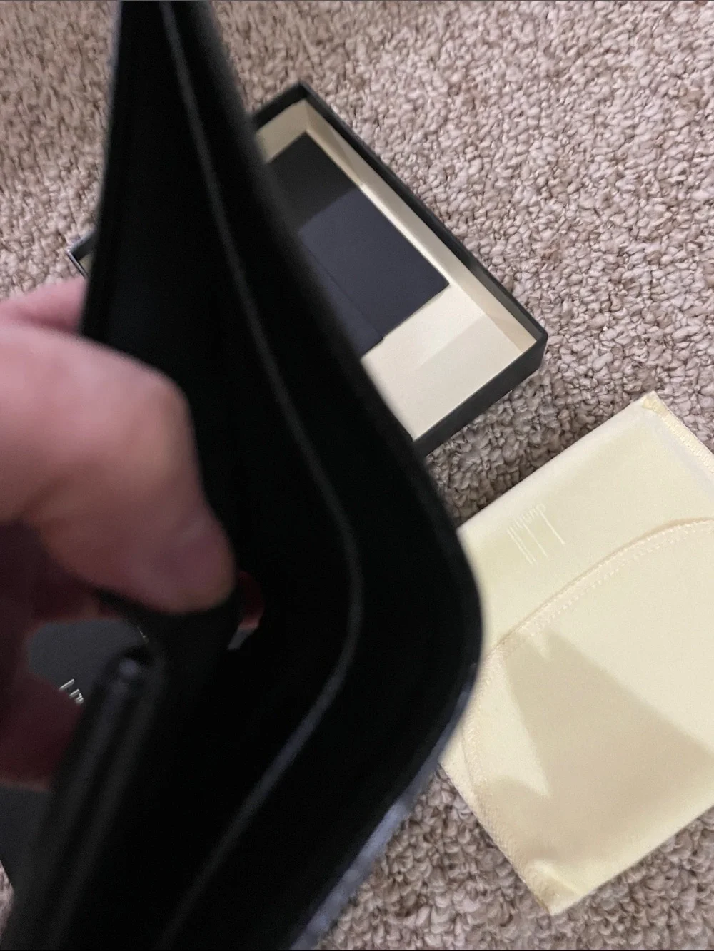 Dunhill Black Leather Wallet with Gold Corner Accents